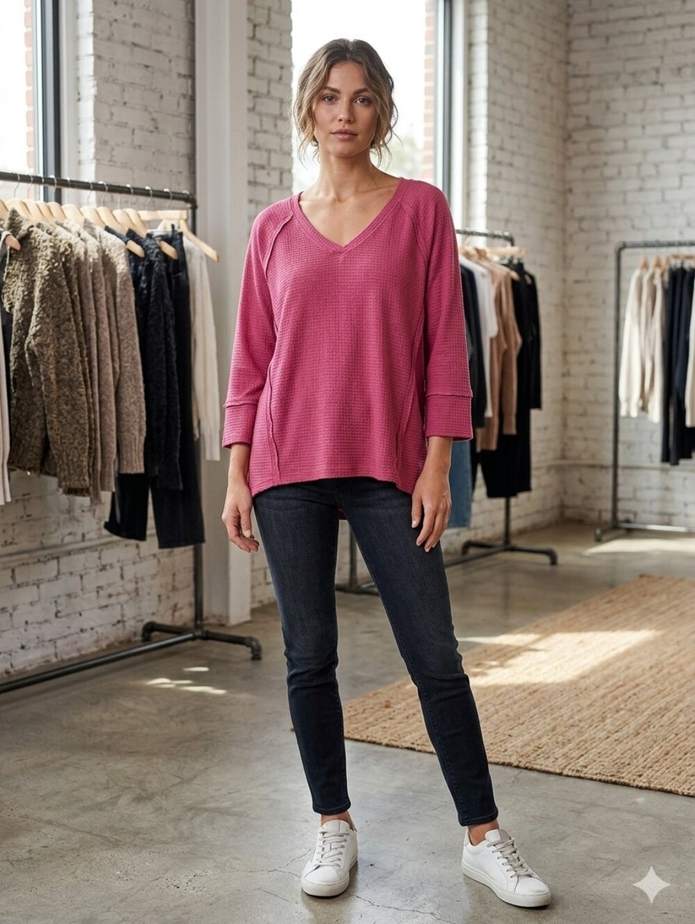 WildFox Top Haley Brushed Waffle Knit Long Sleeve PINK Size Medium